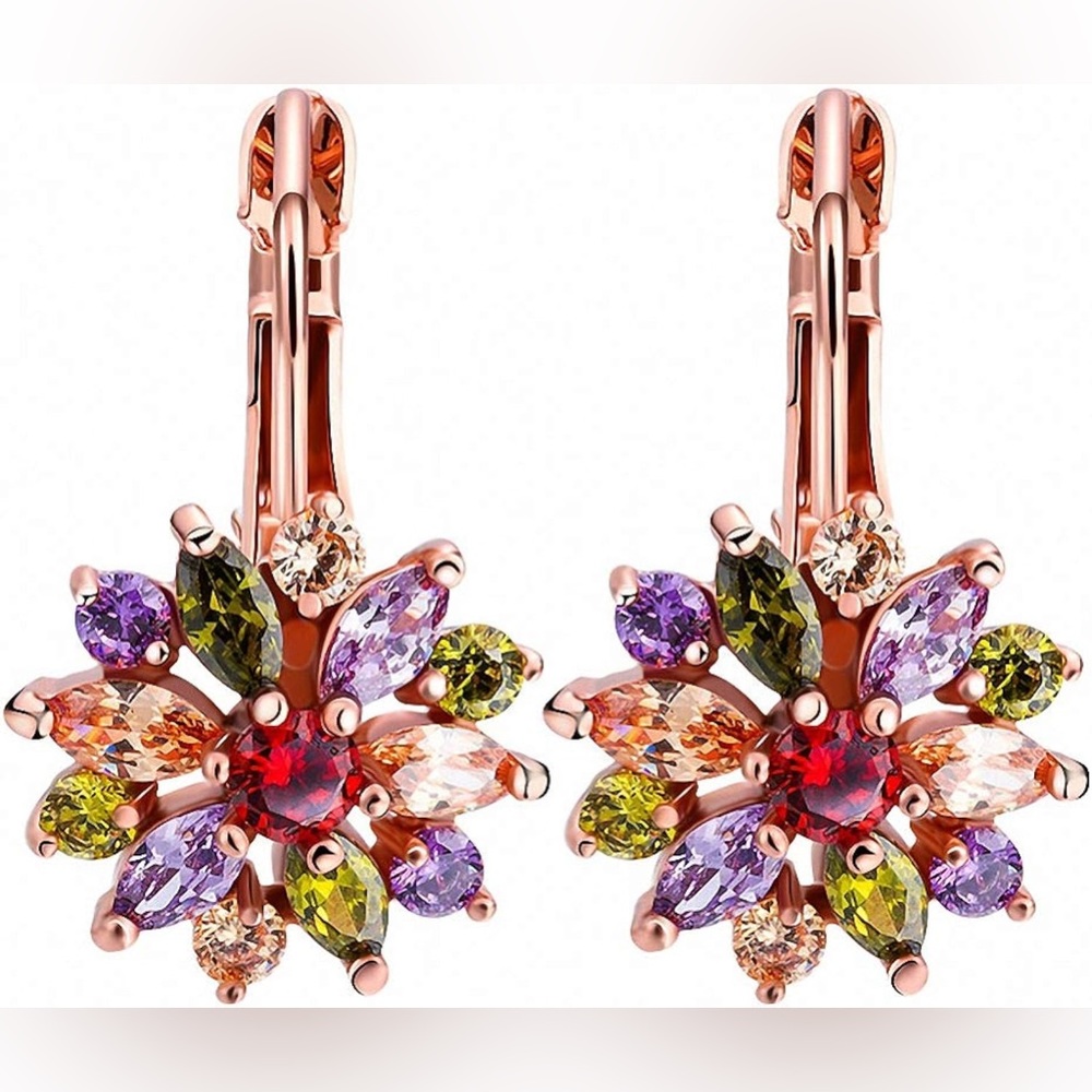 Rose Gold Color Brilliant Flower Marquise Round Multicolor Earrings